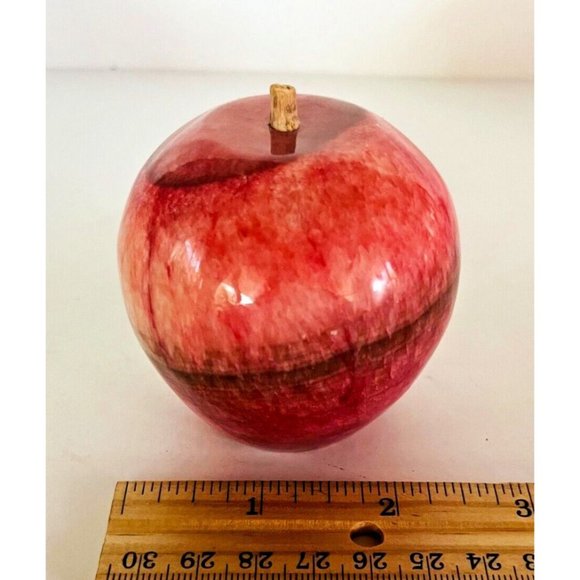 Antique Apple Italian Alabaster Stone Set of 2 Fruit Carved Marble 3" Woodstem - Picture 9 of 10